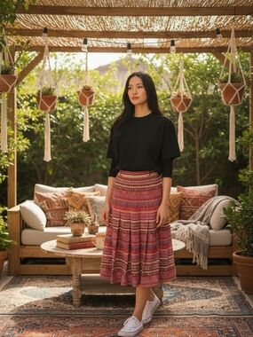 Vintage Skirt High Waist Bohemian Peasant Gypsy Pleated Medium